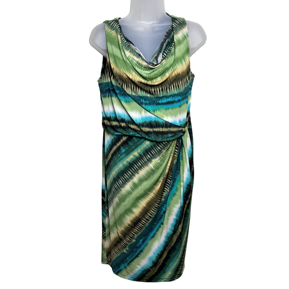 Serengeti Green Abstract Tie Dye Cowl Neck Ruched Wrap Sheath Dress Women Medium